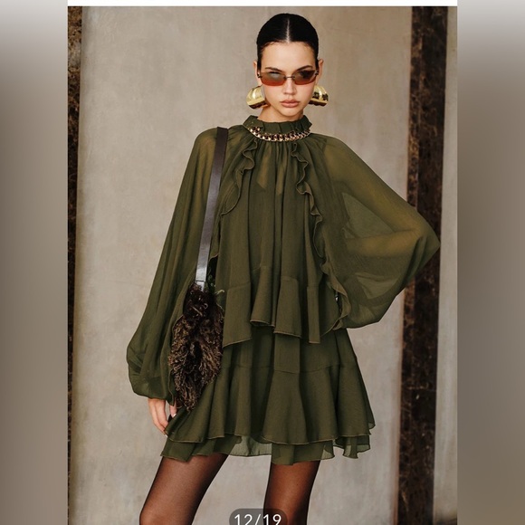 Commense Olive Green Ruffled Mini Dress - Picture 1 of 3